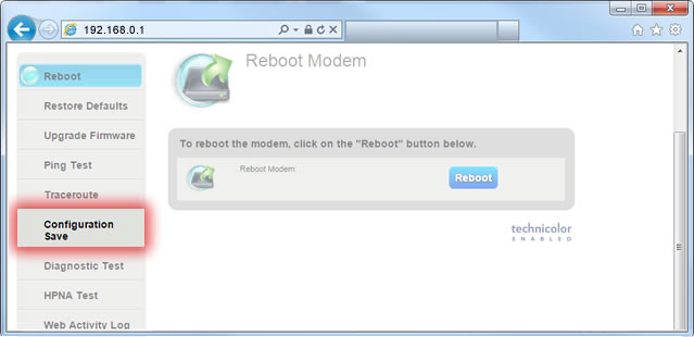 Opción Configuration Save en utilidades del módem