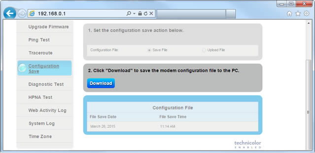 Pantalla de guardar configuración que muestra el botón de descarga de archivo