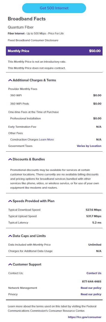 Etiqueta de Internet de banda ancha Quantum Fiber de 500Mbps