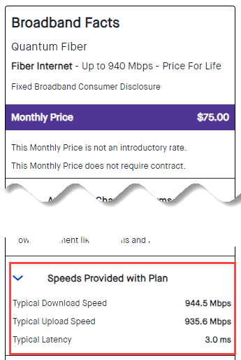 Etiqueta de Internet de banda ancha de Quantum Fiber: Velocidades provistas con el plan