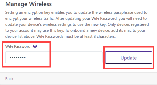 Instant Wifi devices page showing WiFi password