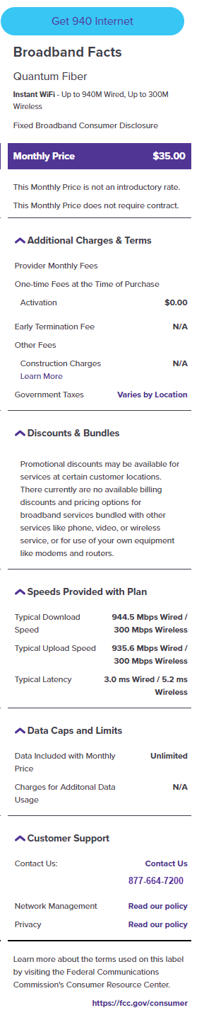 Quantum Fiber Instant WiFi Broadband Internet Label 940 Mbps