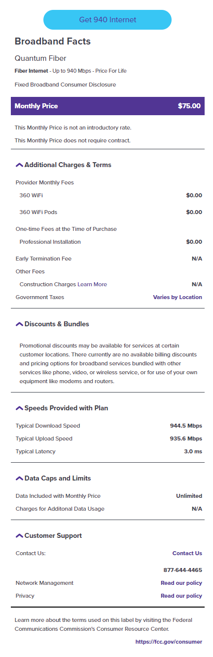 Etiqueta de Internet de banda ancha Quantum Fiber de 940Mbps