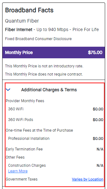 Quantum Fiber Broadband Internet Label: Additional charges