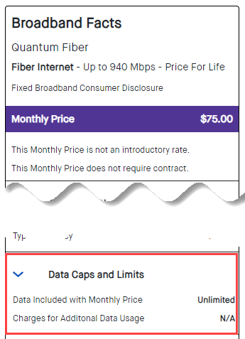 Quantum Fiber Broadband Internet Label: Data caps and limits