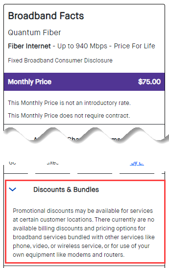 Quantum Fiber Broadband Internet Label: Discounts and bundles