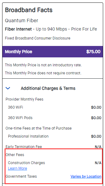 Quantum Fiber Broadband Internet Label: Other fees