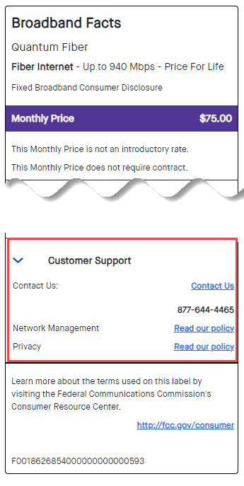 Quantum Fiber Broadband Internet Label: Customer support