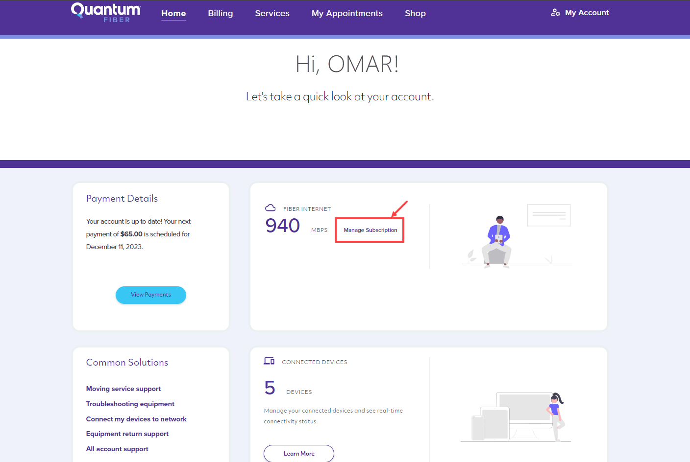 Quantum Fiber account home screen showing Manage Subscription