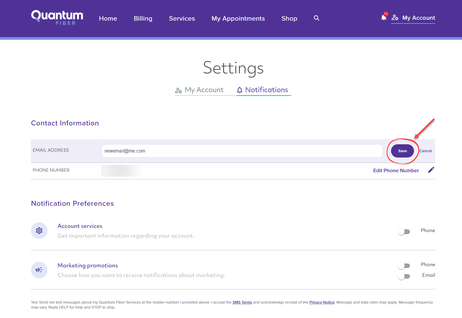 Pantalla de la cuenta de Quantum Fiber con la configuración de contacto