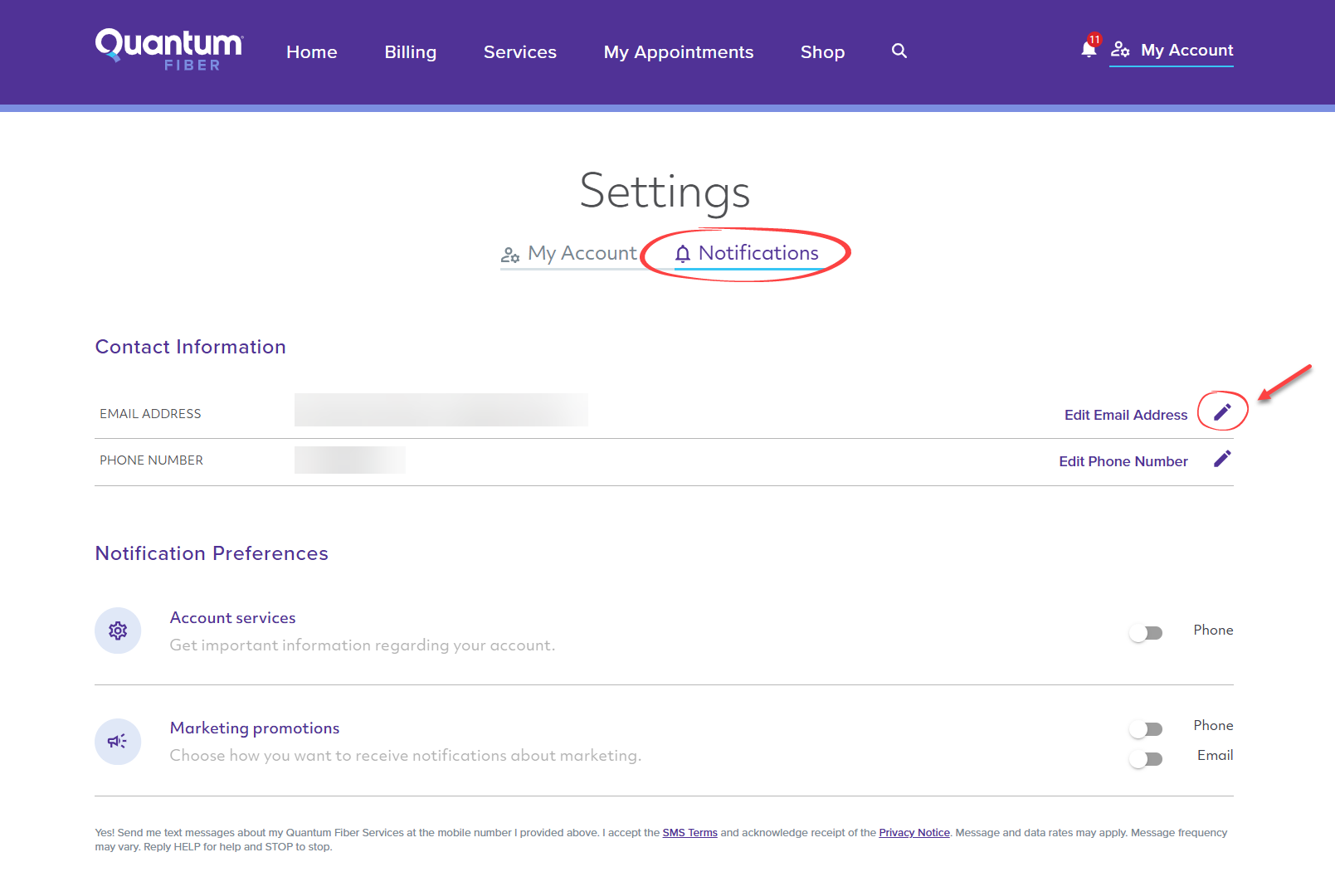 Pantalla de la cuenta de Quantum Fiber que muestra las notificaciones y la configuración de la información de contacto