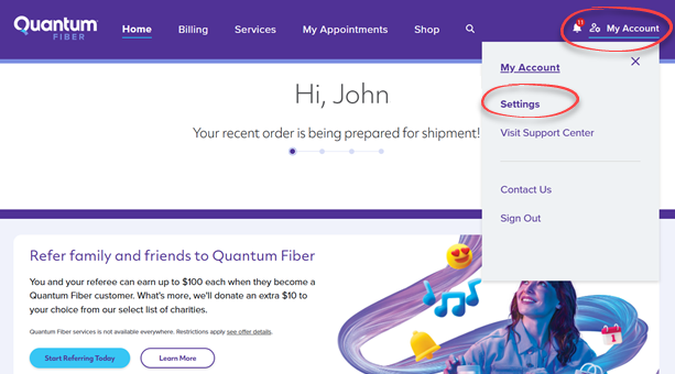 Menú y configuración de la cuenta en línea de Quantum Fiber