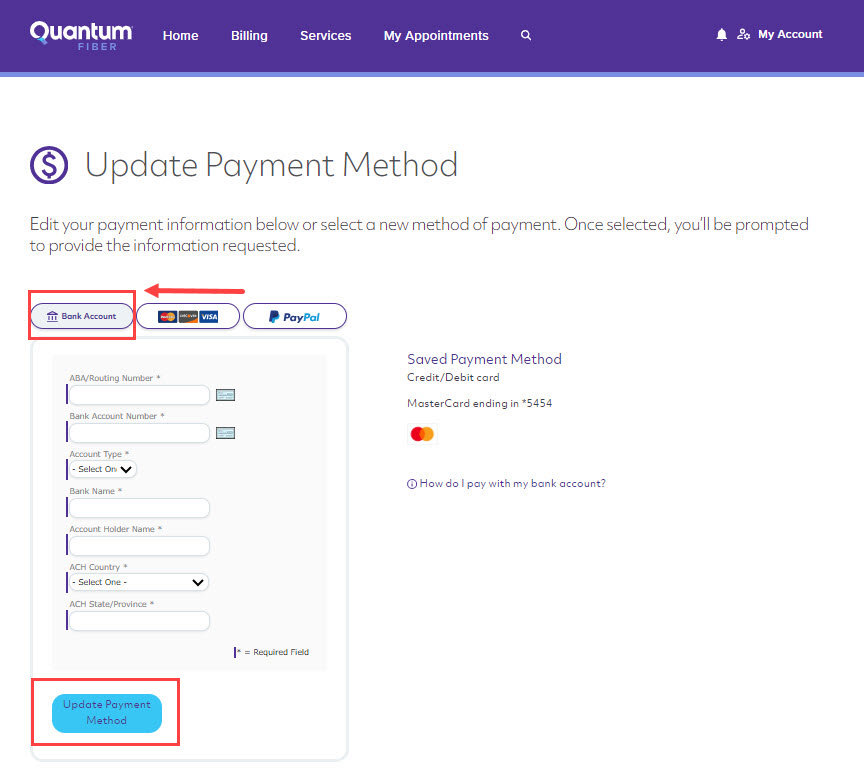 Formulario para actualizar la información de pago en el sitio web de Quantum Fiber, que muestra la opción de cuenta bancaria