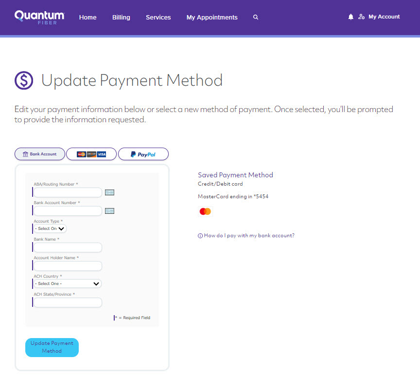 Quantum Fiber website update payment information form