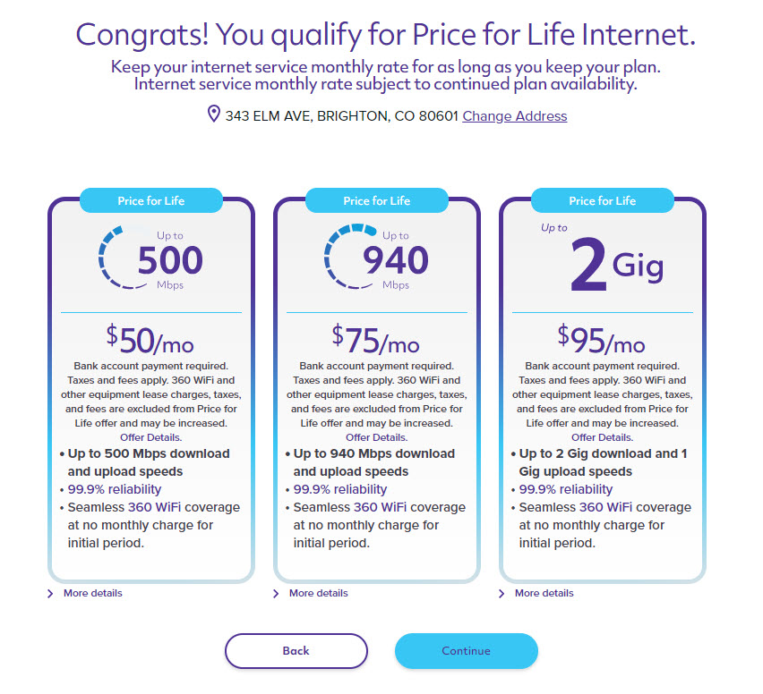 Pantalla de compra de Quantum Fiber mostrando diferentes opciones de velocidad