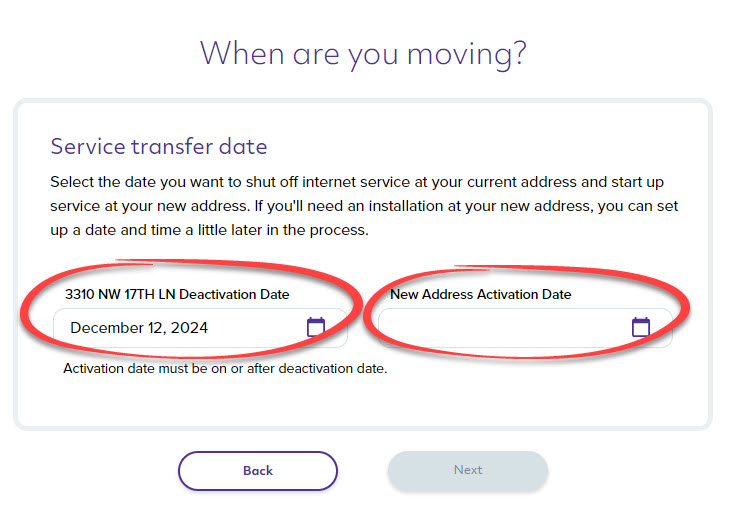 Quantum Fiber portal screenshot, moving dates