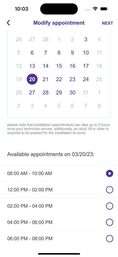 Reschedule appointment - new time selected