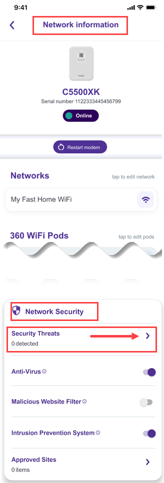 Quantum Fiber app Network Information screen showing Network Security