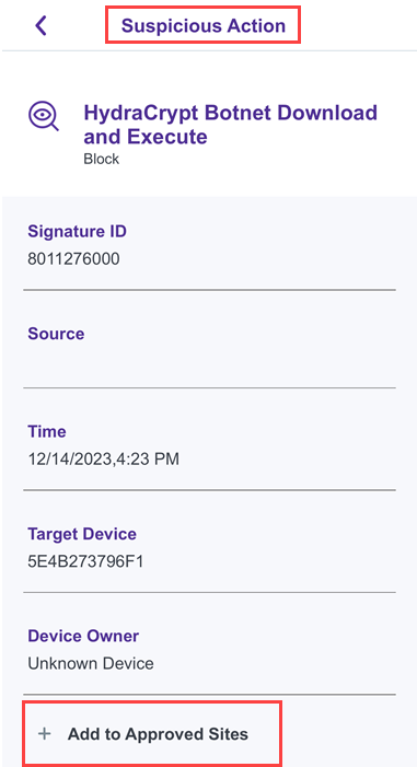 Suspicious Action detail screen in the app, showing button to approve a site