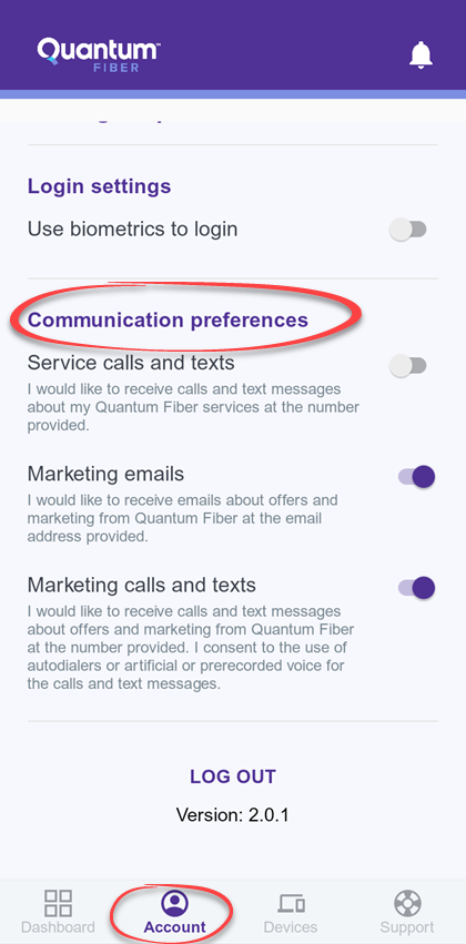 Quantum Fiber app communication preferences screen