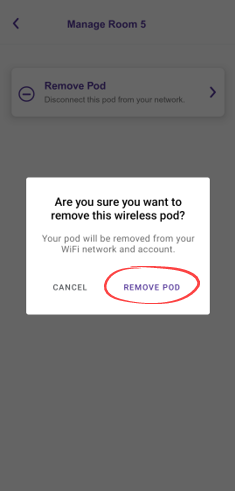 Ventana emergente en la aplicación Quantum Fiber para confirmar la eliminación del pod