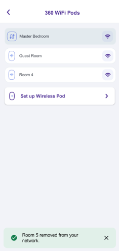 Pantalla Pods de 360 WiFi en la aplicación Quantum Fiber con el mensaje de eliminación exitosa del pod