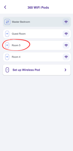 Pantalla de pods de 360 WiFi en la aplicación Quantum Fiber con el listado de pods