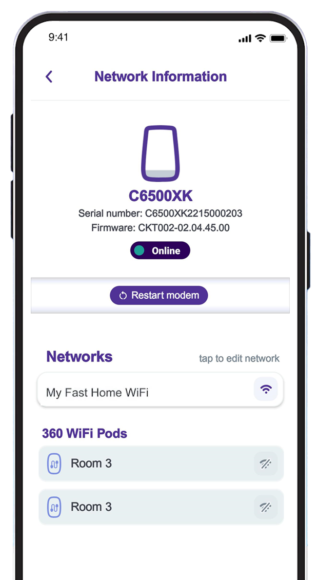 Quantum Fiber app, network information screen