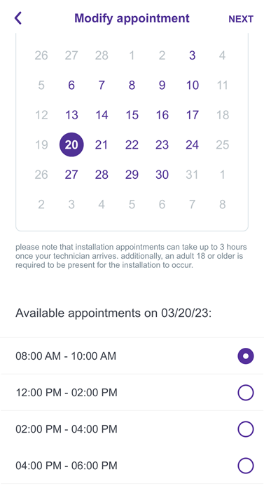 Reschedule appointment - new time selected