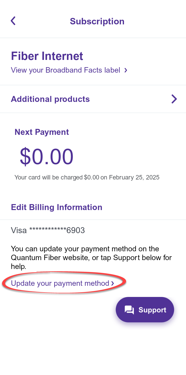 Quantum Fiber app Subscription screen showing Edit billing information