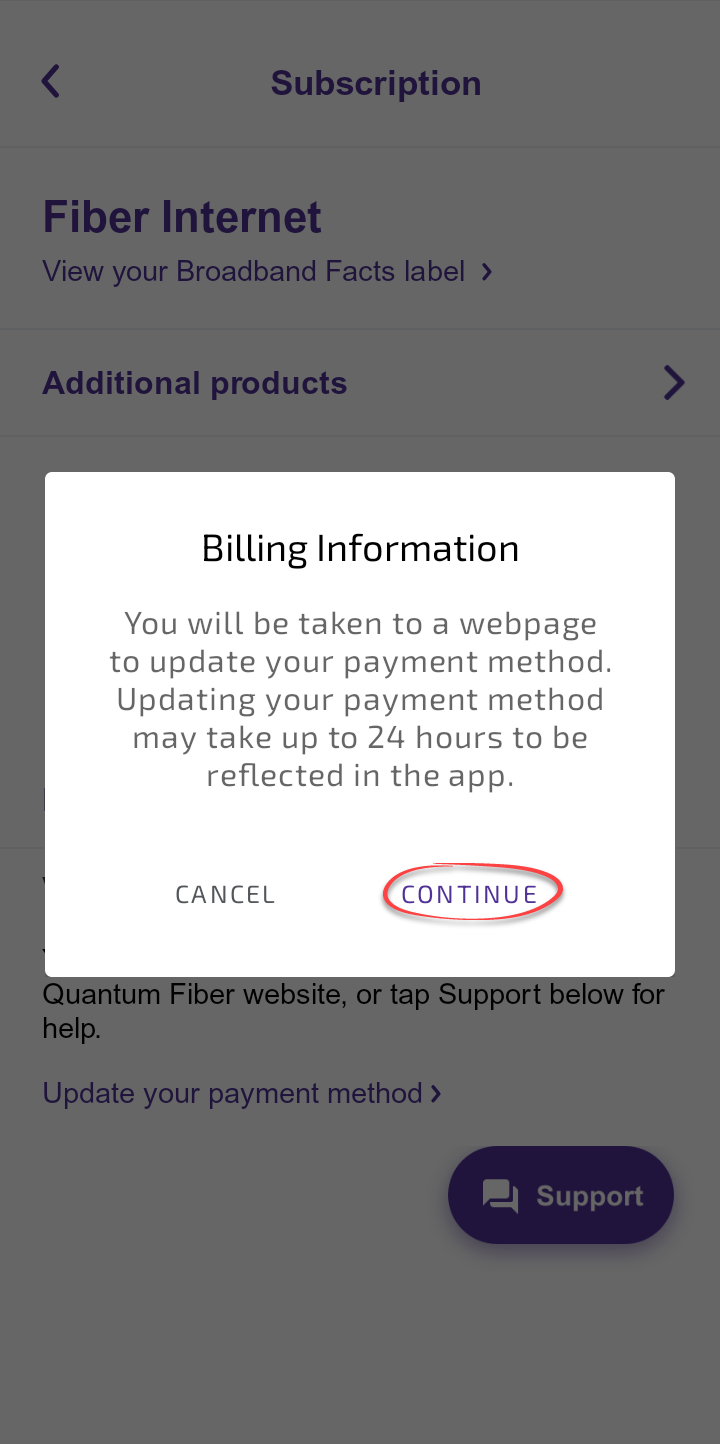 Quantum Fiber app update payment continue to portal pop-up