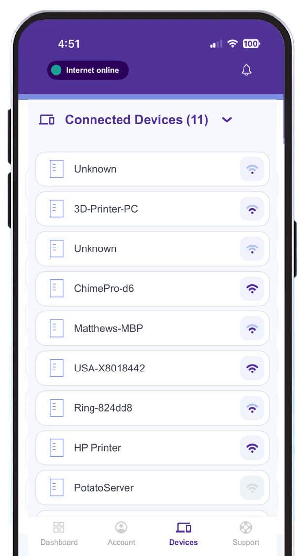 Quantum Fiber app, connected devices screen