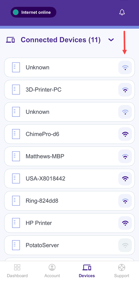 Captura de la pantalla de dispositivos conectados en la aplicación Quantum Fiber