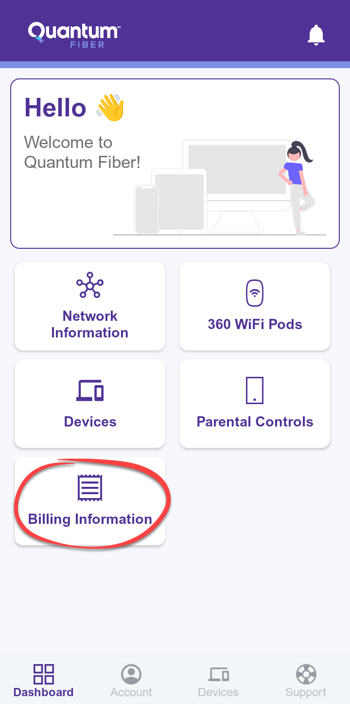 Aplicación Quantum Fiber, información de facturación en el panel de control