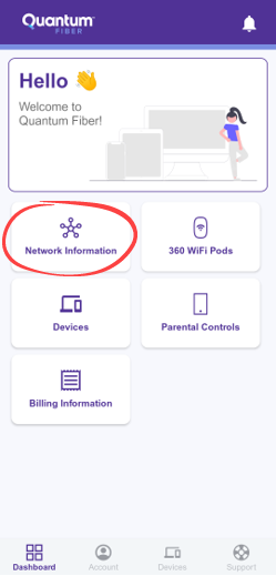 Panel de control de la aplicación Quantum Fiber, información de la red