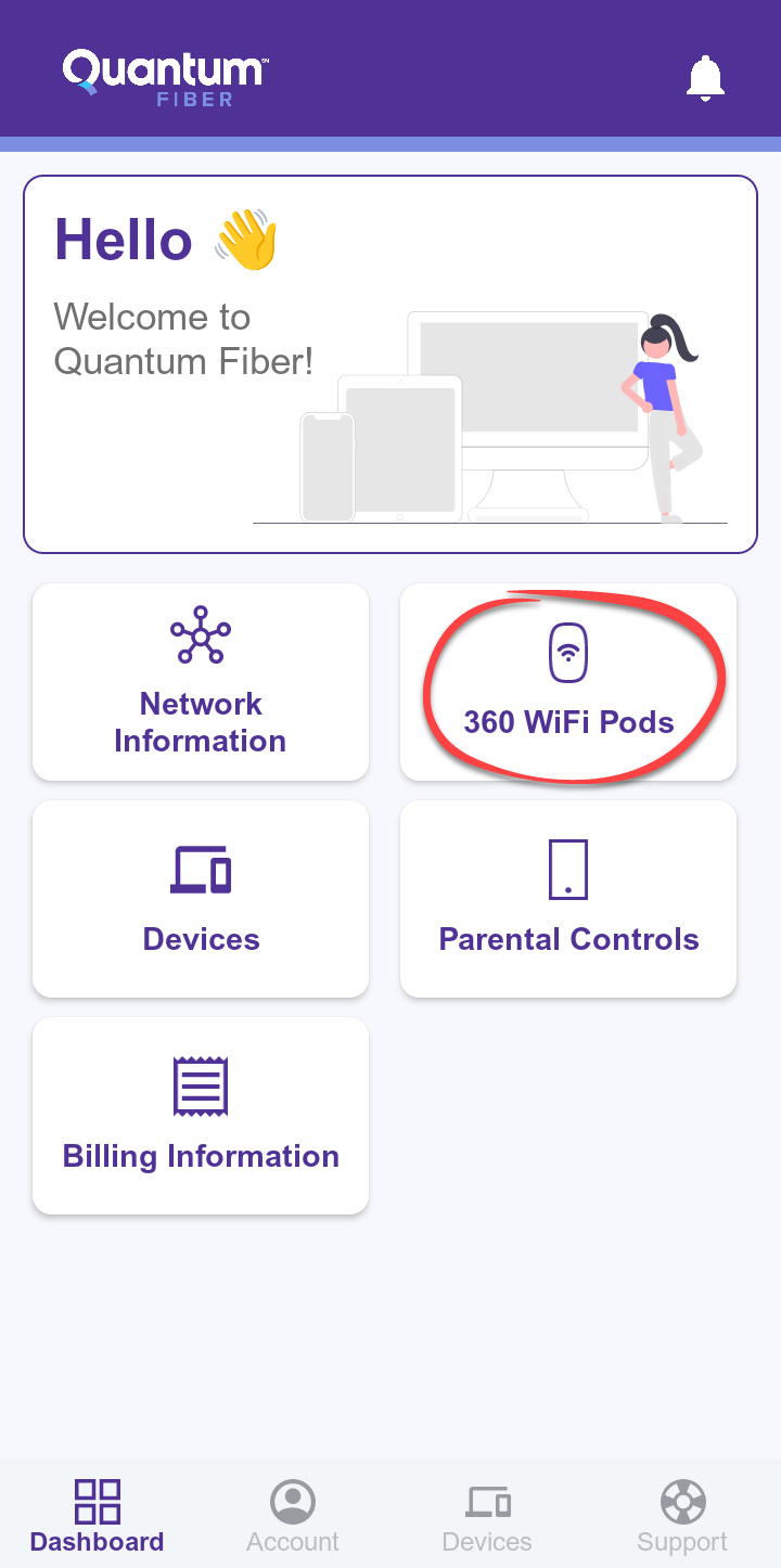 Pantalla del panel principal en la aplicación Quantum Fiber que muestra el enlace a 360 Wi-Fi.