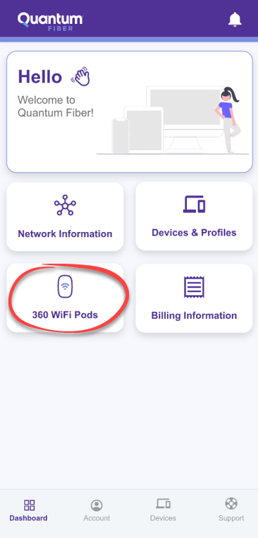 Pantalla del panel principal en la aplicación Quantum Fiber que muestra el enlace a 360 Wi-Fi.