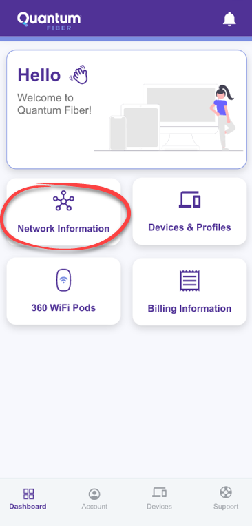 Quantum Fiber app dashboard, network information