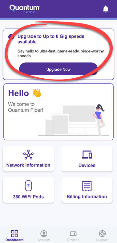 Quantum Fiber app dashboard with upgrade banner