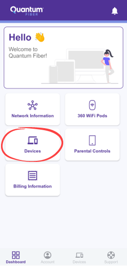 Mosaico Devices (Dispositivos) en el panel de control de la aplicación Quantum Fiber