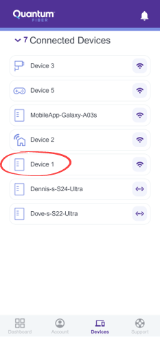 Lista de dispositivos conectados en el panel de control de la aplicación Quantum Fiber