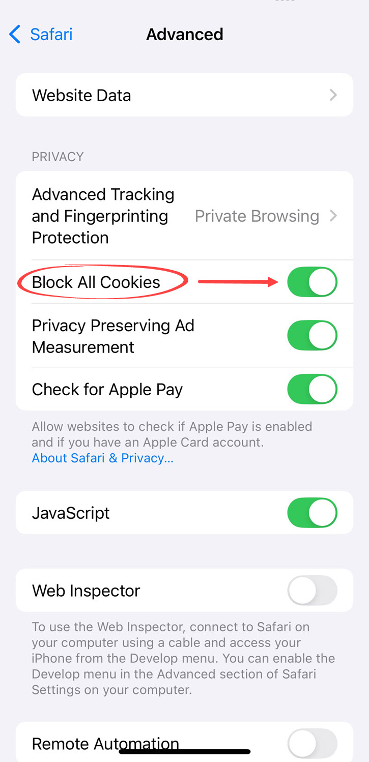 Allow all cookies on an iOS device