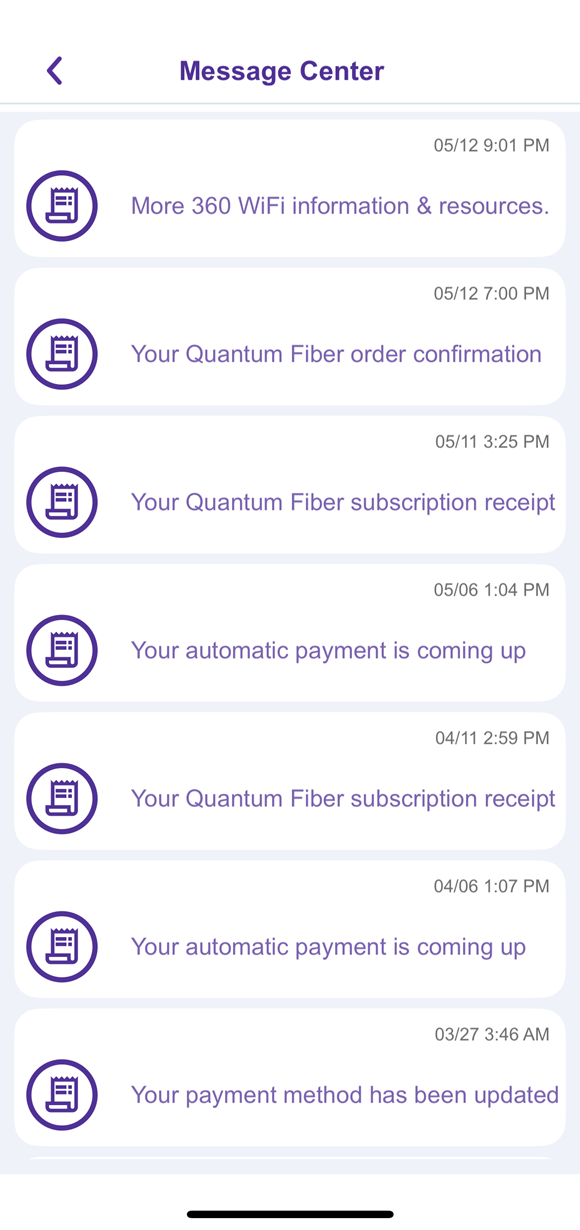 Captura de pantalla de la aplicación Quantum Fiber que muestra la lista completa del centro de mensajes