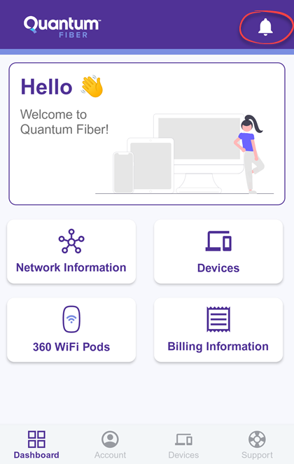 Quantum Fiber app screenshot showing bell icon