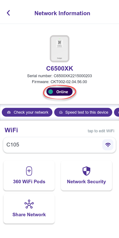 Pantalla de información de red en la aplicación Quantum Fiber que muestra que el módem está en línea