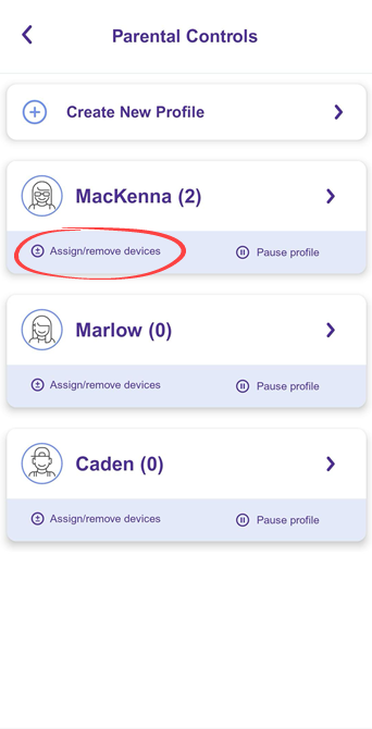 App screenshot showing Parental Controls screen with Assign/remove devices option