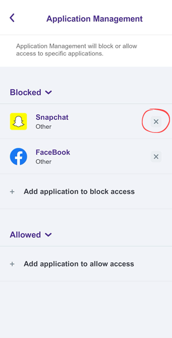 App screenshot showing list of Blocked apps with option to remove