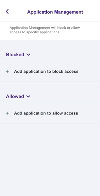 App screenshot of Application Management screen with options to add blocked or allowed apps