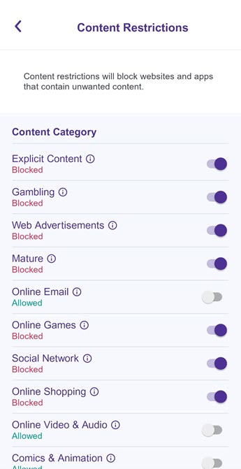 App screenshot of Child preset content filters by category