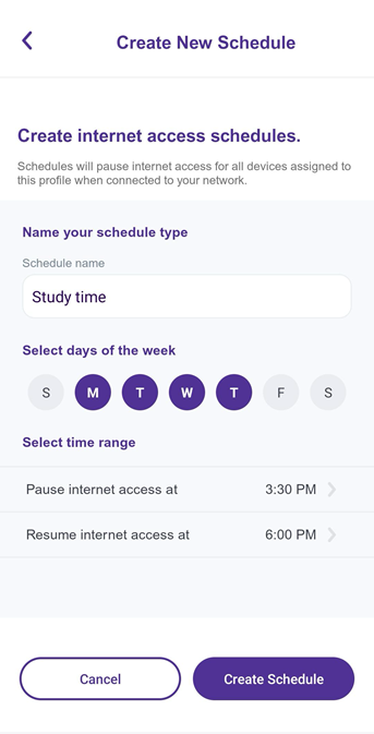 App screenshot of create new schedule screen with input options for name, days, and times